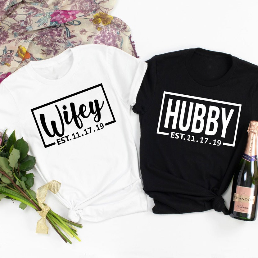 Personalised Hubby Wifey Matching Couple Shirt Anniversary Gift