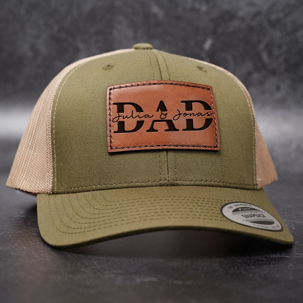 Personalised DAD Real Leather Patch Trucker Hat with Kids Names Father's Day Gift New Dad Gift