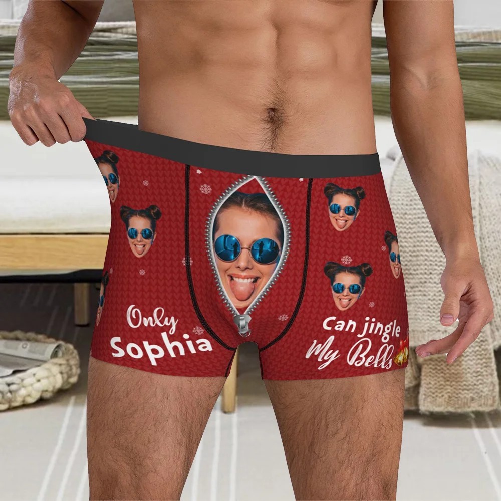 Personalised Jingle My Bells Face Photo Boxer Brief with Name Funny Quote Men's Underwear Valentine's Day Gift