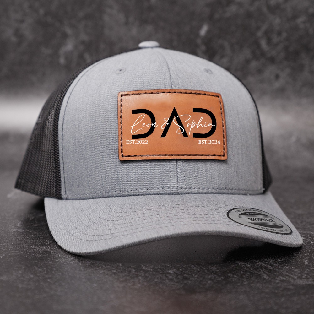 Personalised DAD Real Leather Patch Trucker Hat with Kids Names Father's Day Gift New Dad Gift