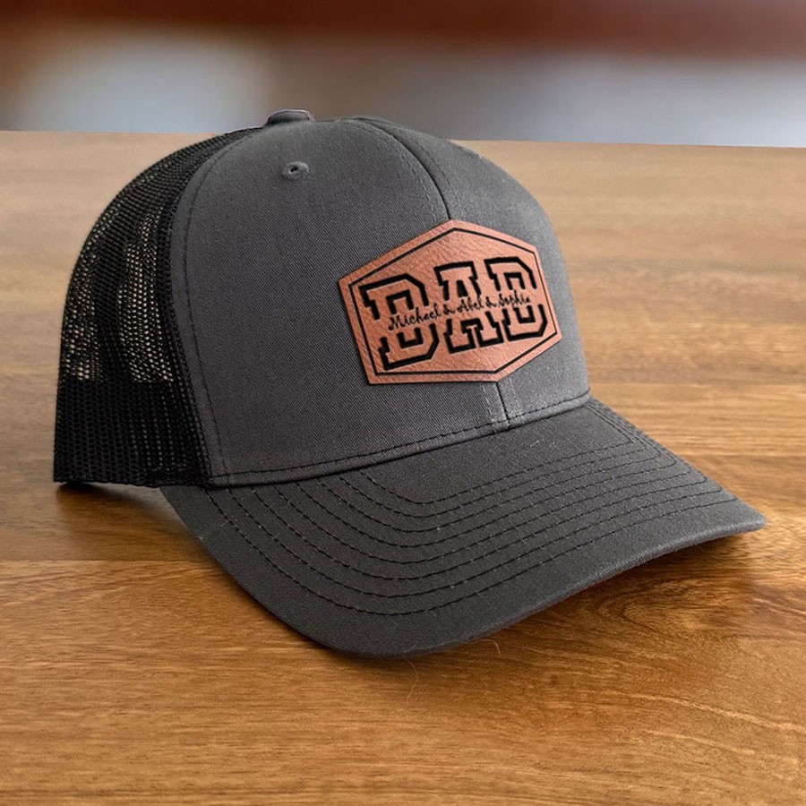 Personalised DAD Real Leather Patch Trucker Hat with Kids Names Father's Day Gift New Dad Gift