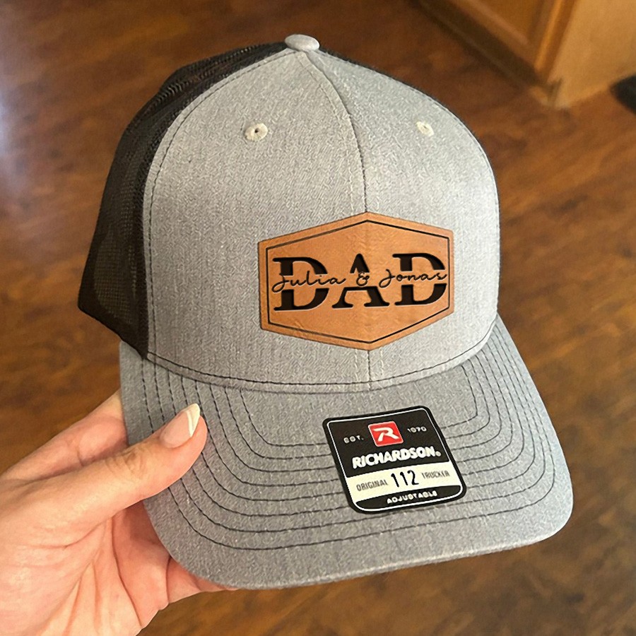 Personalised DAD Real Leather Patch Trucker Hat with Kids Names Father's Day Gift New Dad Gift