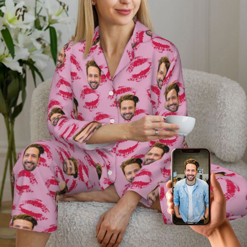 Personalised Couple Photo Pajamas Set Passionate Kiss Pattern Design Perfect Gift for Lovers Valentines Day Gifts