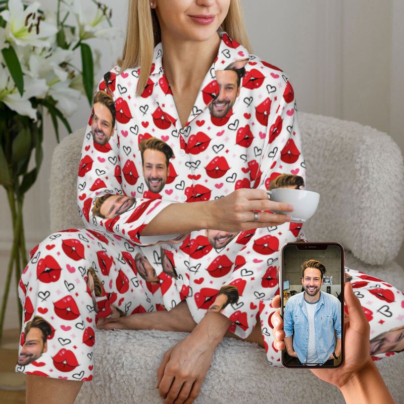 Personalised Couple Face Pajamas Set Hot Kiss Heart Pattern Design Perfect Gift for Lovers Valentines Day Gifts