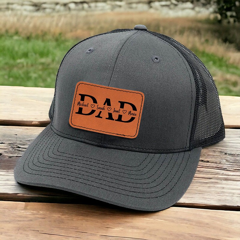 Personalised DAD Real Leather Patch Trucker Hat with Kids Names Father's Day Gift New Dad Gift