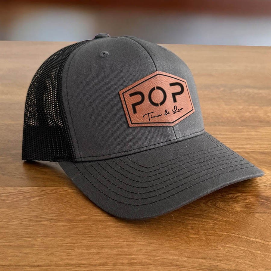 Personalised POP DAD Real Leather Patch Trucker Hat with Kids Names Father's Day Gift New Dad Gift