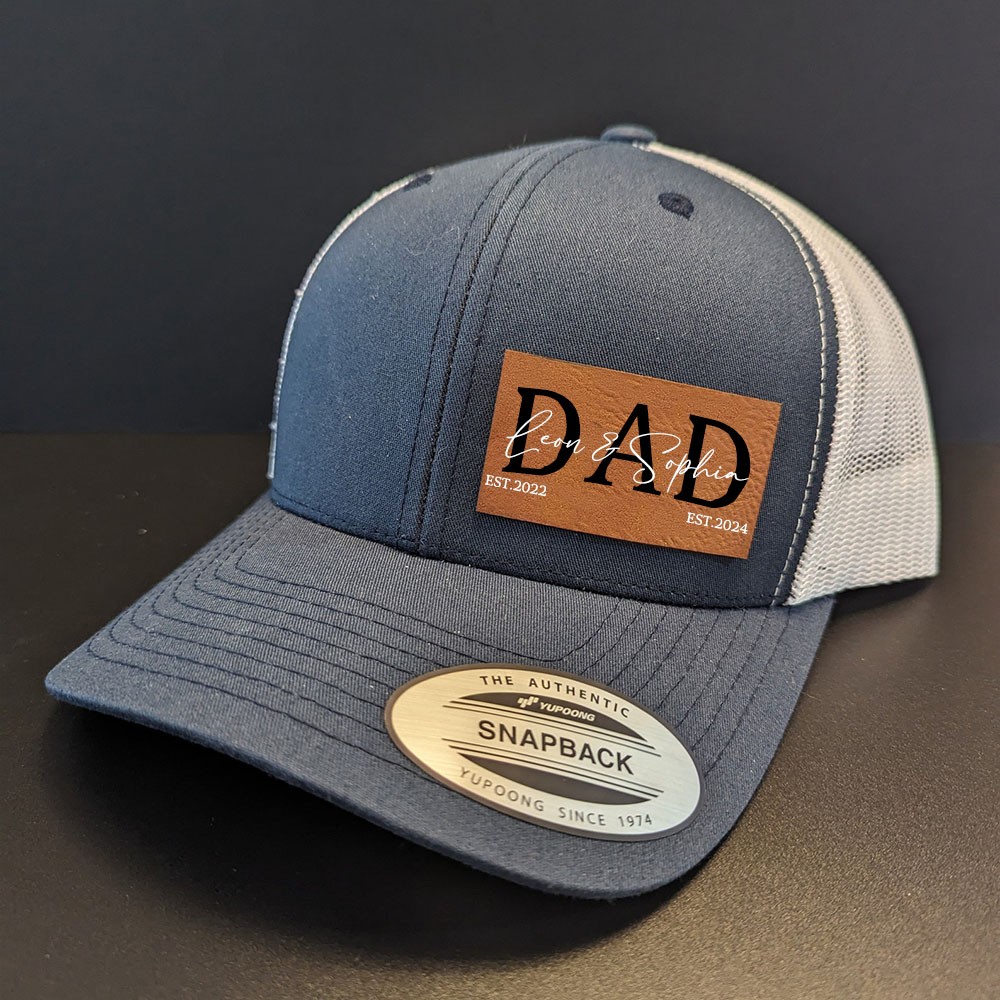 Personalised POP DAD Real Leather Patch Trucker Hat with Kids Names Father's Day Gift New Dad Gift