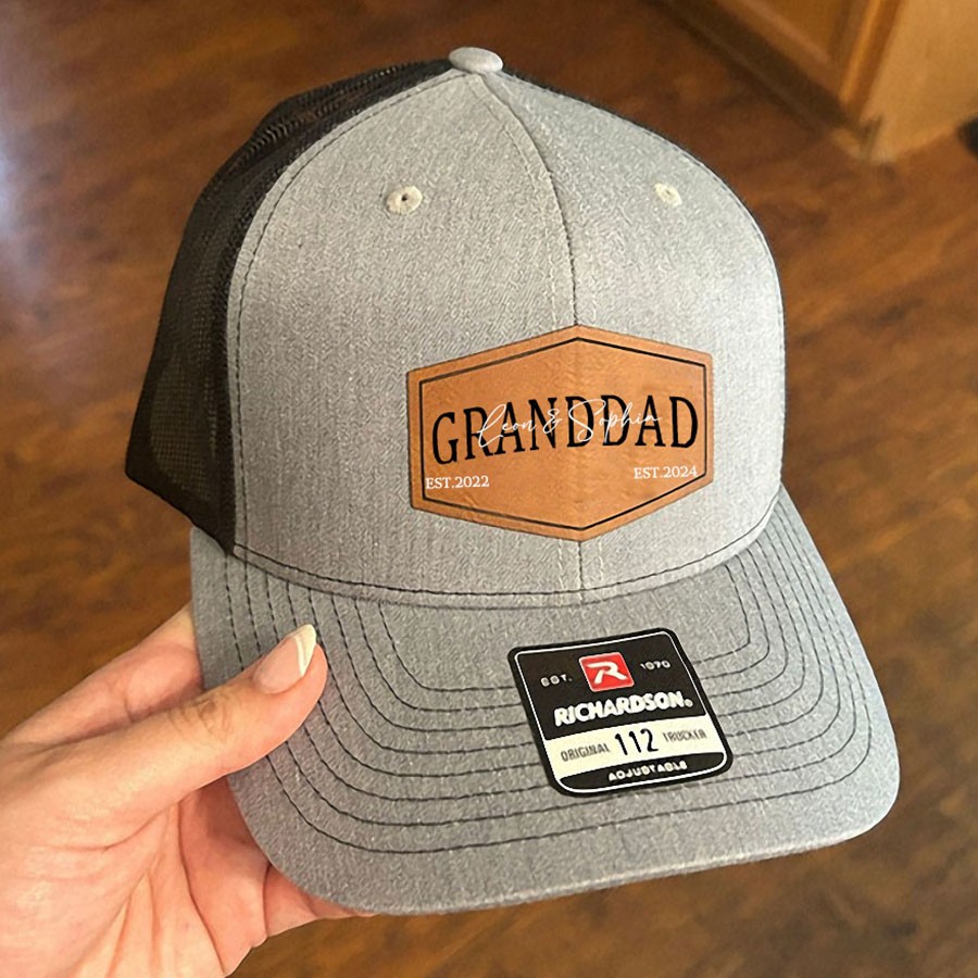 Personalised DAD Real Leather Patch Trucker Hat with Kids Names Father's Day Gift New Dad Gift