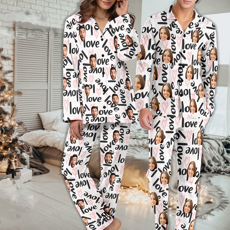 Personalised Couple Photo Pajamas Set for Lovers Long Sleeve PJS Sets Bridal Party Valentines Day Gift Anniversary Gifts