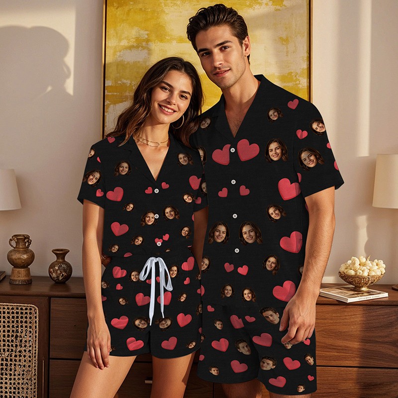 Personalised Couple Face Short Sleeve Pajamas Red Heart Photo Pajamas Valentines Day Gift Anniversary Engagement