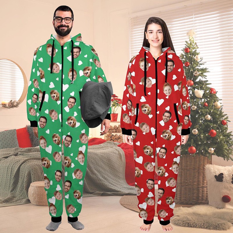 Personalised Couple Zipper One-Piece Pajamas with Face Valentines Day Souvenir Valentine Gifts