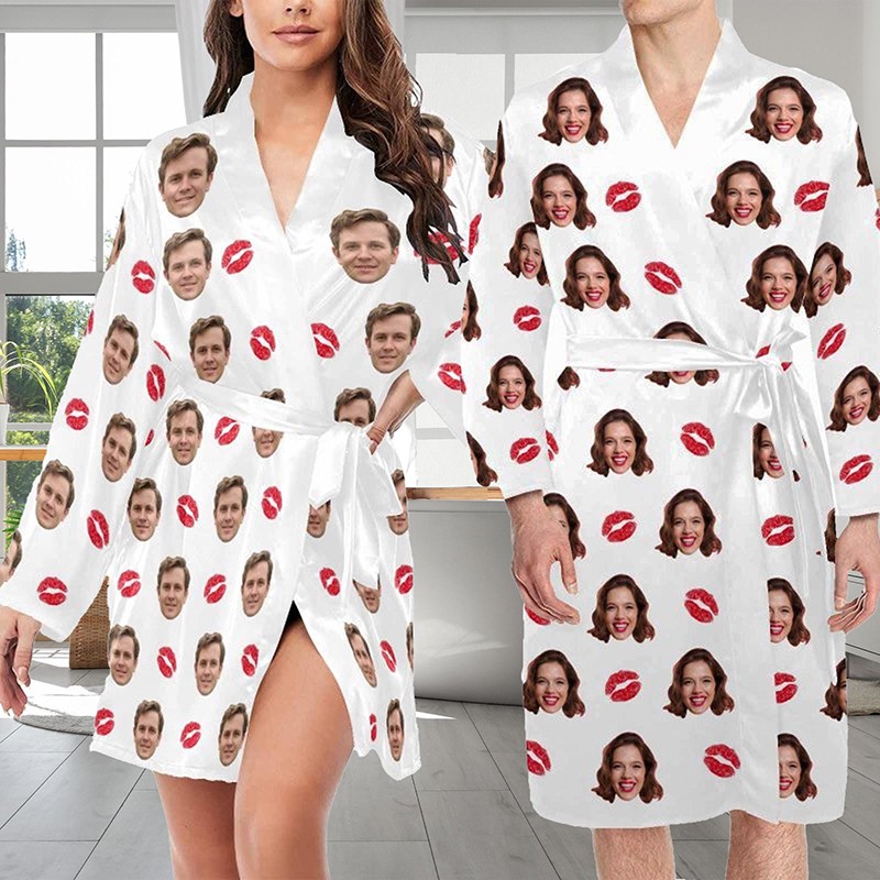 Personalised Couple Face Pajamas Robe Photo Night Robe Bathrobe Valentines Day Gift