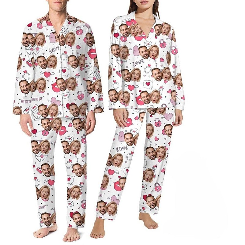 Personalised Couple Photo Pajamas Set for Lovers Love Signal Long Sleeve Pajamas Valentines Day Gift Anniversary Gifts