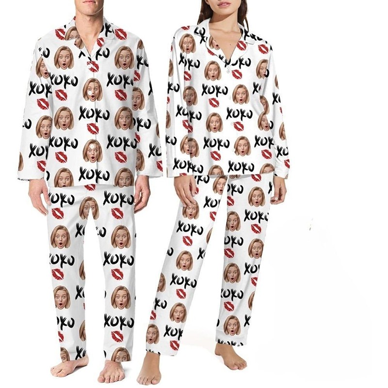 Personalised Couple Photo Pajamas Set for Lovers Love Signal Long Sleeve Pajamas Valentines Day Gift Anniversary Gifts