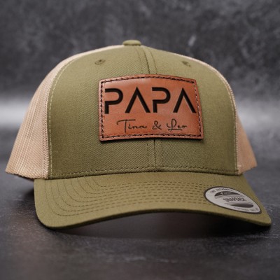 Personalised PAPA DAD Real Leather Patch Trucker Hat with Kids Names Father's Day Gift New Dad Gift