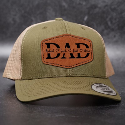 Personalised DAD Real Leather Patch Trucker Hat with Kids Names Father's Day Gift New Dad Gift