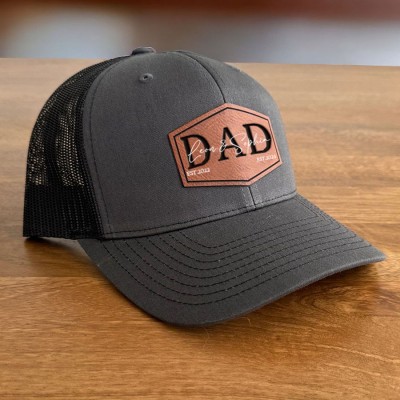 Personalised DAD POP Real Leather Patch Trucker Hat with Kids Names Father's Day Gift New Dad Gift