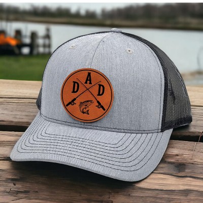 Personalised DAD Real Leather Patch Trucker Hat with Kids Names Father's Day Gift For Fishing Lover