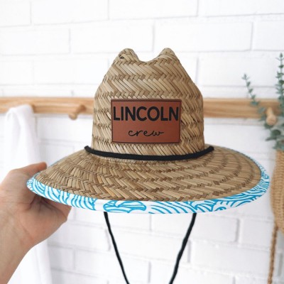 Personalised Leather Name Patch Straw Hat Sun Hat Gift for Toddler Child Adult