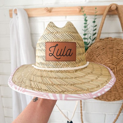 Personalised Leather Name Patch Straw Hat Sun Hat Gift for Toddler Child Adult