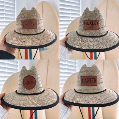 Personalised Leather Name Patch Straw Hat Sun Hat Gift for Toddler Child Adult