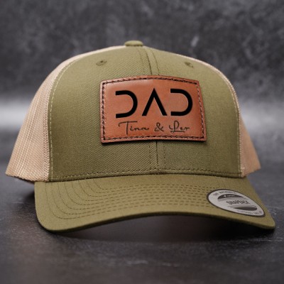 Personalised PAPA DAD Real Leather Patch Trucker Hat with Kids Names Father's Day Gift New Dad Gift