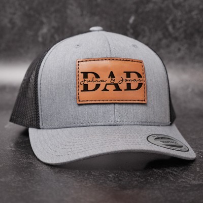 Personalised DAD Real Leather Patch Trucker Hat with Kids Names Father's Day Gift New Dad Gift