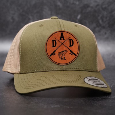 Personalised DAD Real Leather Patch Trucker Hat with Kids Names Father's Day Gift For Fishing Lover