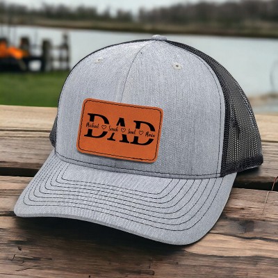 Personalised DAD Real Leather Patch Trucker Hat with Kids Names Father's Day Gift New Dad Gift