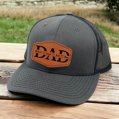 Personalised DAD Real Leather Patch Trucker Hat with Kids Names Father's Day Gift New Dad Gift