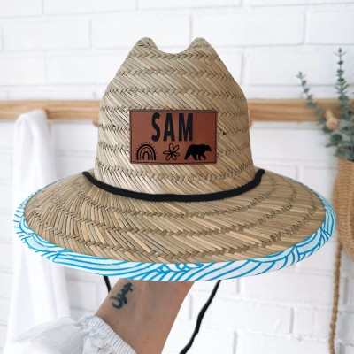 Personalised Leather Name Patch Straw Hat Sun Hat With Name and Symbols Gift for Toddler Child Adult