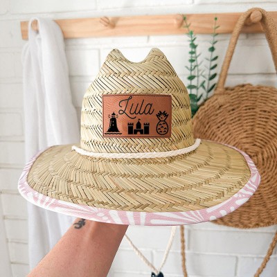 Personalised Leather Name Patch Straw Hat Sun Hat With Name and Symbols Gift for Toddler Child Adult