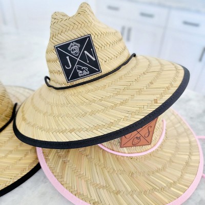 Personalised Leather Name Patch Straw Hat Sun Hat With Initials and Symbols Gift for Toddler Child Adult